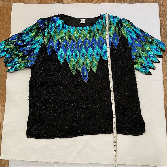 Vintage Sequin 100% Silk Peacock Green Blue Top Blouse - Picture 5 of 15